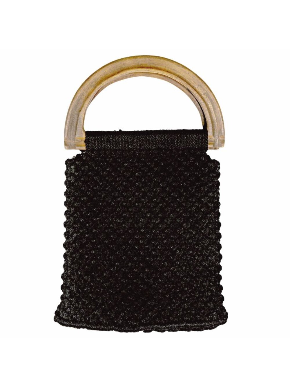 Vintage 1970s Black Macrame Purse with Wooden Handles & Floral Lining